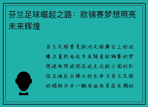 芬兰足球崛起之路：欧锦赛梦想照亮未来辉煌